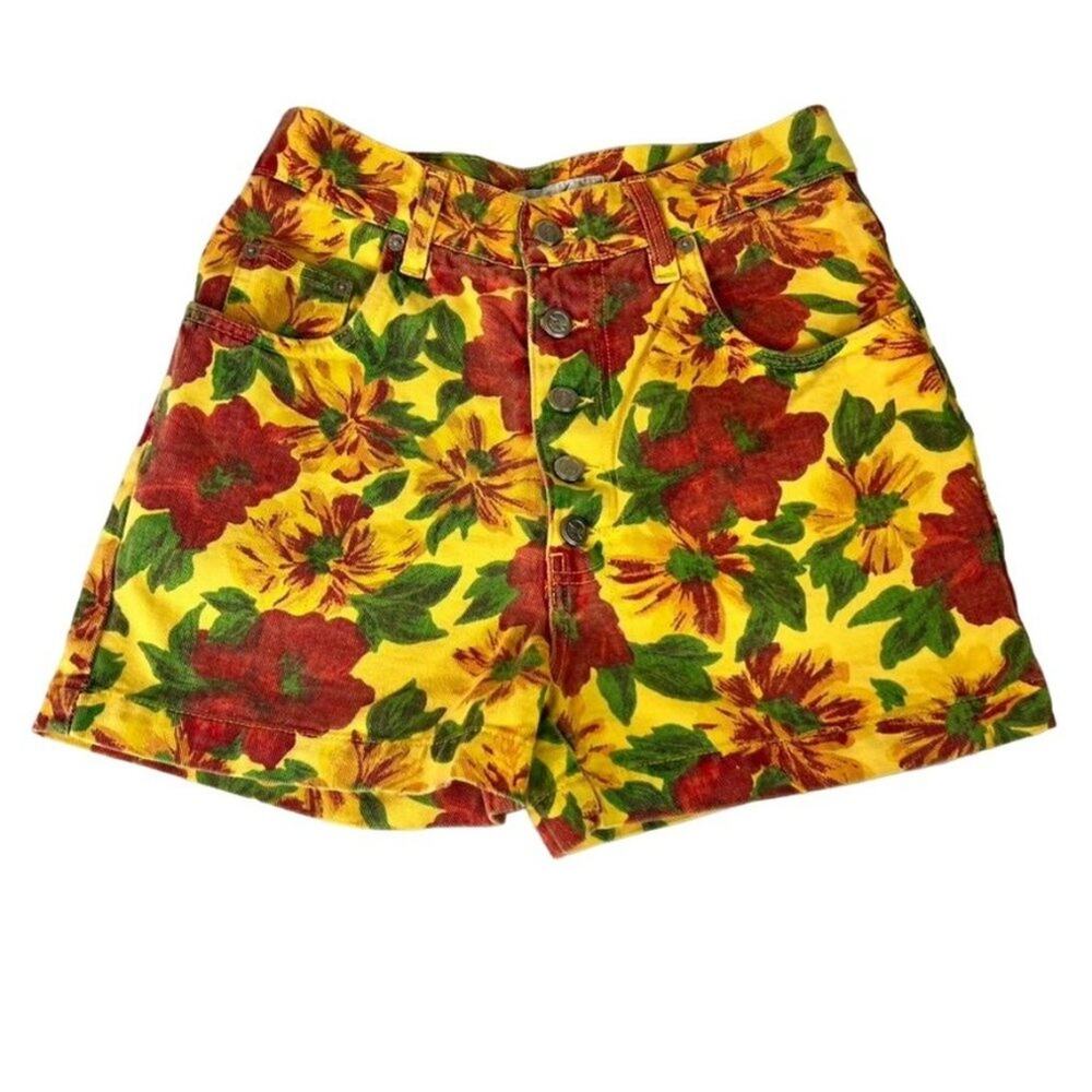 No Excuses Shorts Womens 26 High Waisted Floral Denim Button Fly Vintage 90s